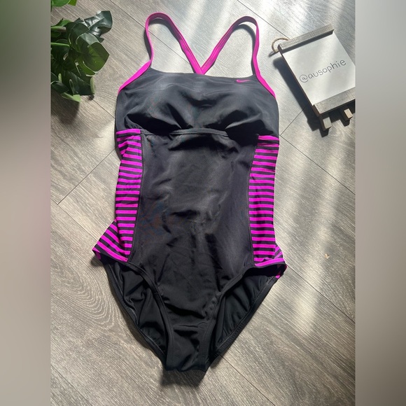 Nike Laser Stripe CrossBack One Piece Swimsuit One Piece Black & Purple Size M - Picture 6 of 13